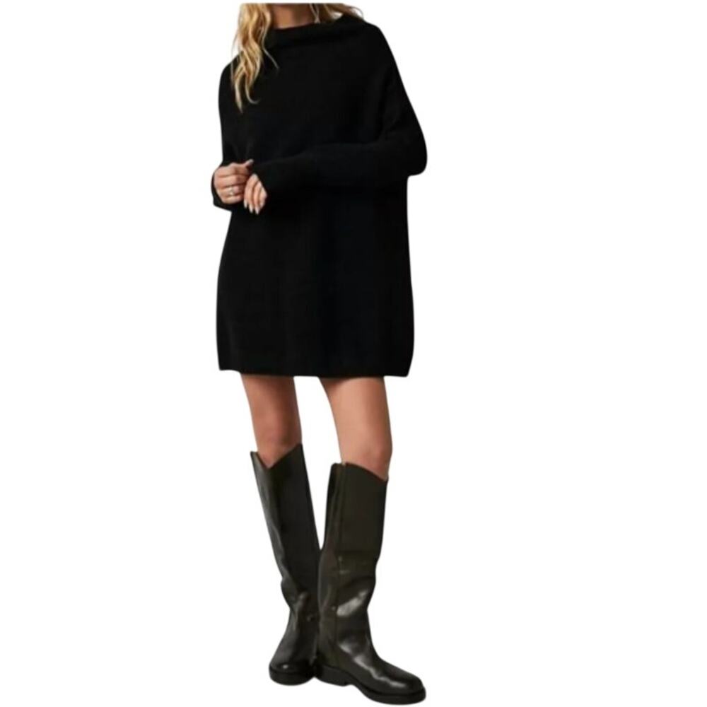Free People Ottoman Slouchy Tunic Sweater Women L Black Mock Neck Oversized Knit